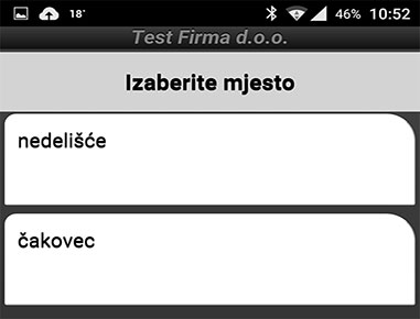 Pri odabiru mjesta u kojem će se vršiti aktivnosti, prikazuje se popis gradova/sela koje ste unijeli u šifrarnik mjesta.